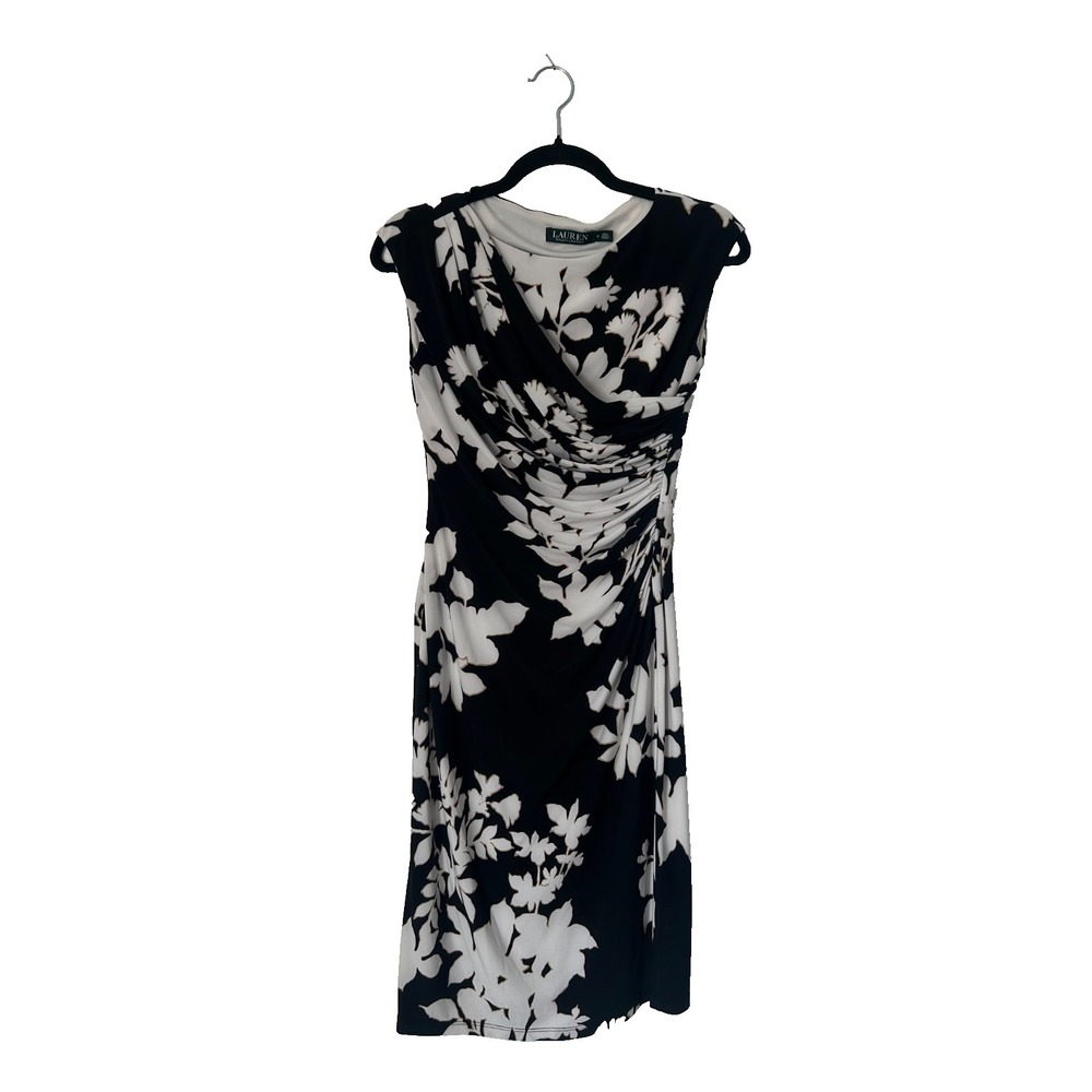 Lauren Ralph Lauren Sheath Dress Size 2 Black White Floral Print Ruched Gathered